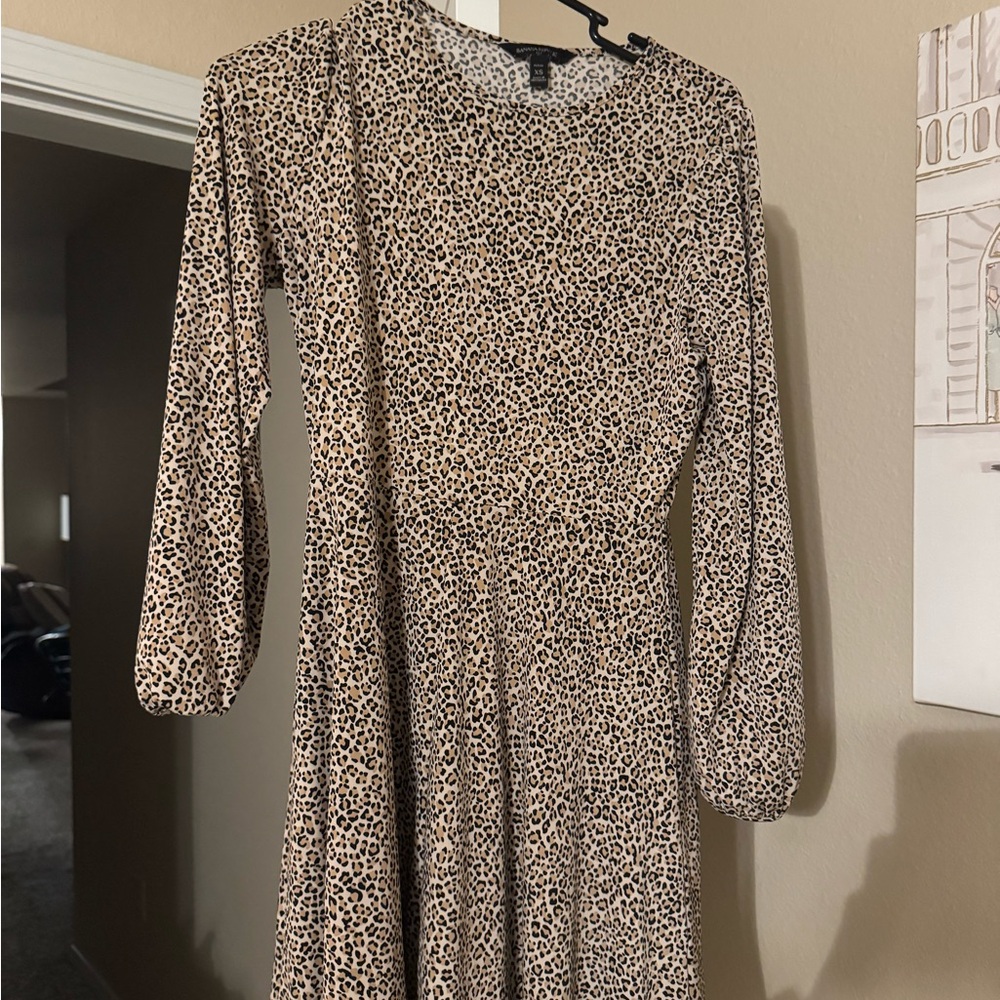 Banana Republic Leopard Print Long Sleeve Skater Dress - Beige/Black